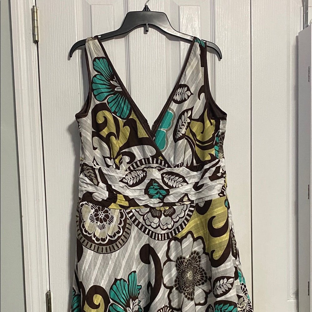 Lane Bryant Brown and Teal Floral Sleeveless Midi Dress.